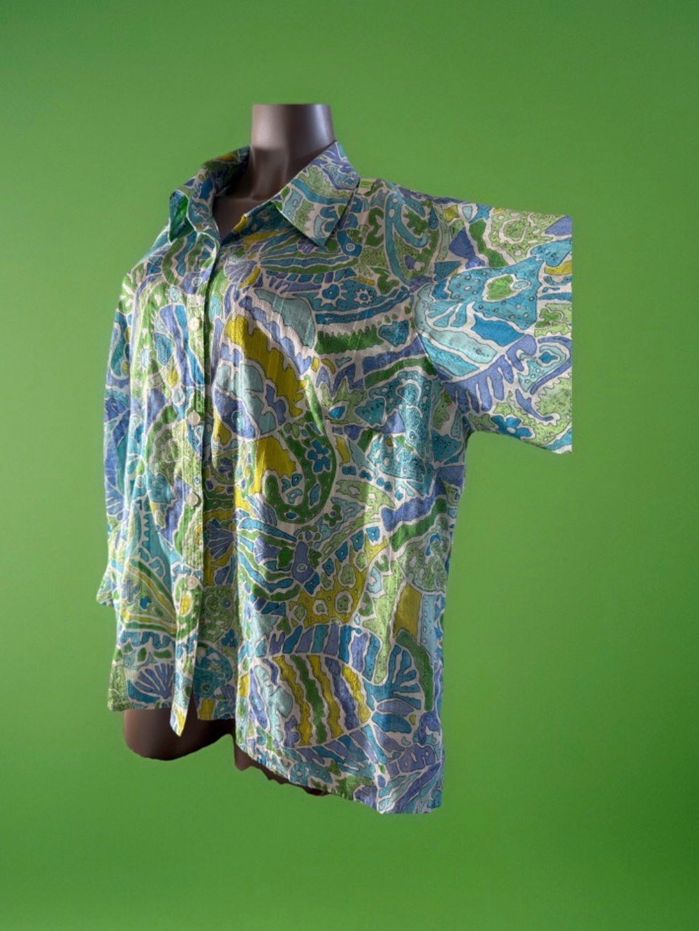 Alfred Dunner 18W Green & Blue Paisley Button-Up Shirt - Casual Summer Style